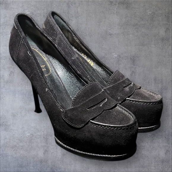 Yves Saint Laurent Shoes - Authentic YSL Black Suede Penny Loafer Heels – Size 37.5